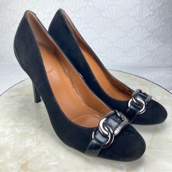Calvin Klein Heels Womens Size 10 Black Suede Metal Buckle Elegant Career Shoes - Picture 1 of 10